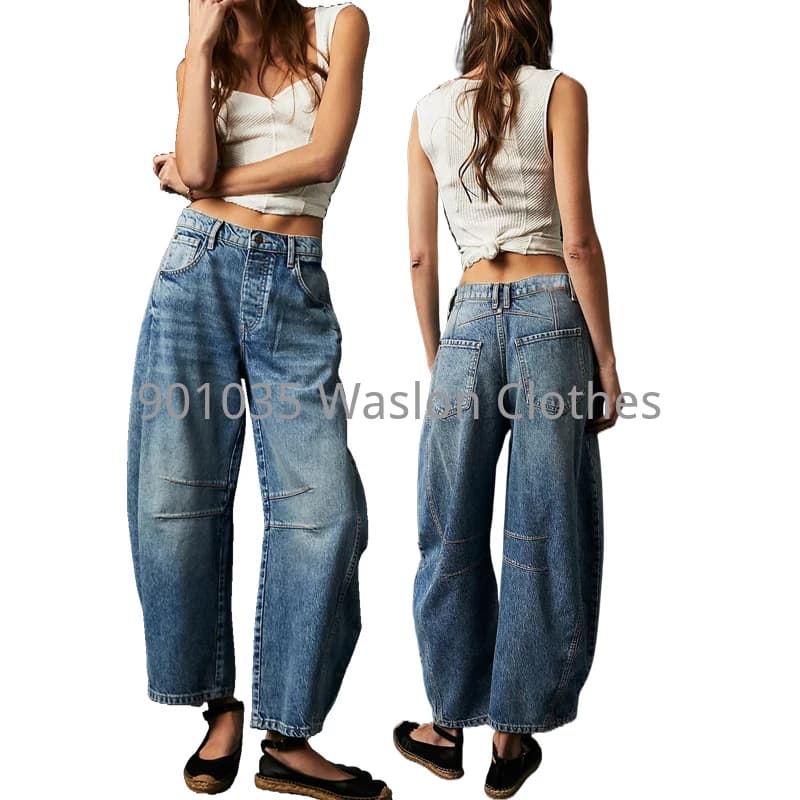 Jeans larghi a vita media da donna Pantaloni in denim a figura intera Pantaloni sexy in tinta unita alla moda Tasche in denim candeggiate