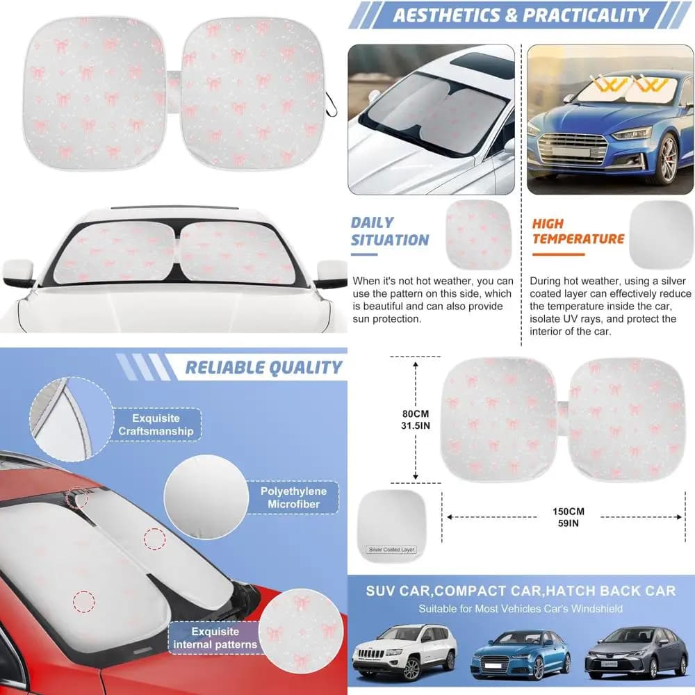 parasole per parabrezza per auto con fiocco rosa, parasole pieghevole per finestra con protezione UV con bordo argentato e custodia portaoggetti, accesso per interni auto