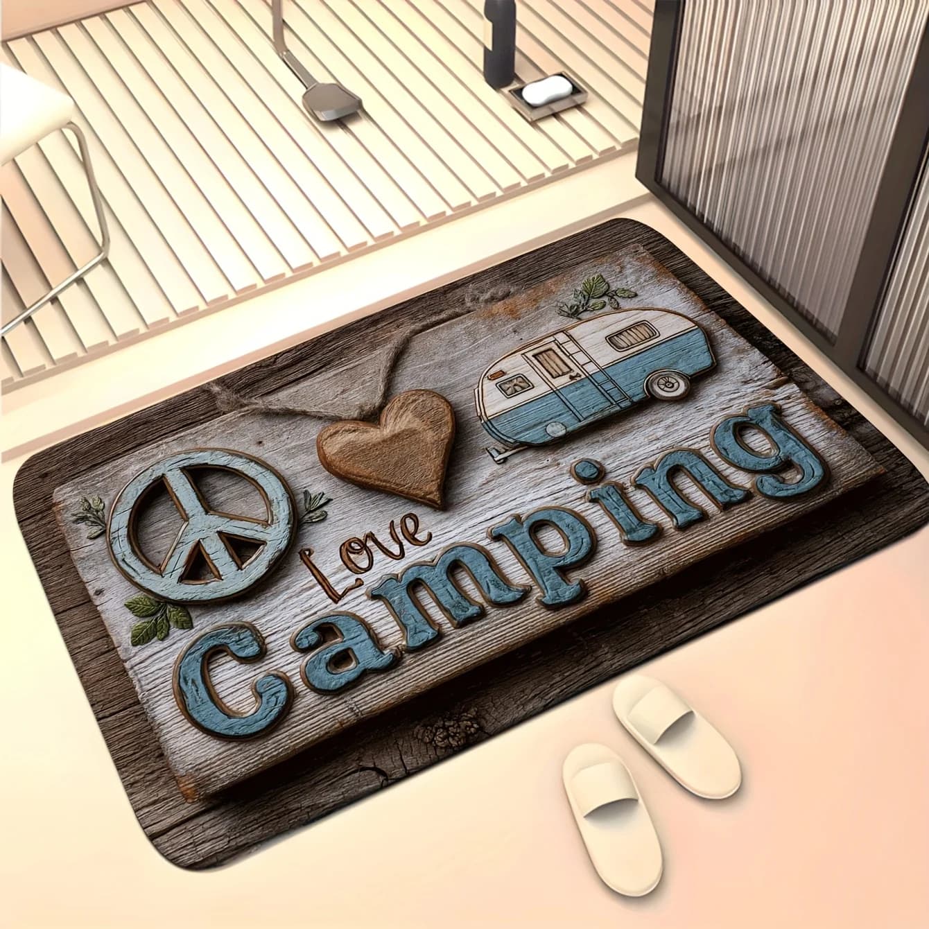 Vintage Carpet for Camper with Quote 'Love Camping', Design with Heart and Peace, Rustic Carpet for Outdoor Camper Area