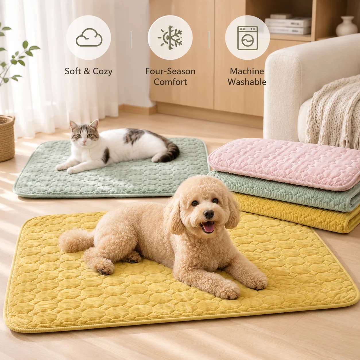 All-Season Corduroy Pet Bed Mat, Thickened Scratch Resistant Pad, Washable Durable Non-Slip Dog Cat Mat