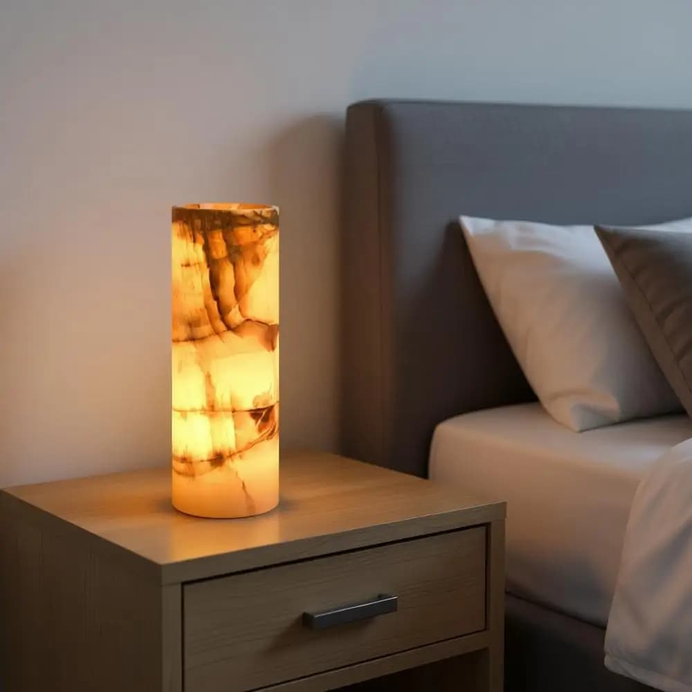 Handicraft Table Lamp in Marmo Onice, Unique Pietre, Natural Stones, Ambrata Hot Light, Dimmable, Ideal for Home, Bedroom, Desk, Off