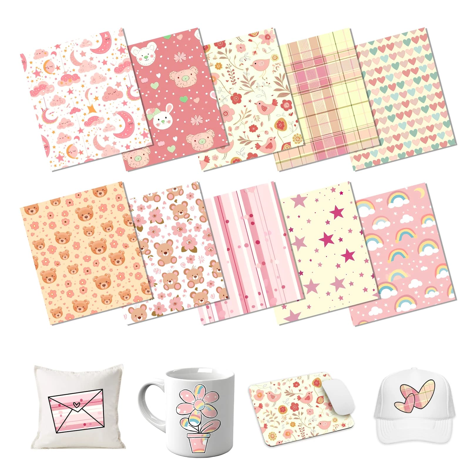 Fogli di trasferimento inchiostro per sublimazione Boho 10 fogli 12'' x 10'' Carta per sublimazione con motivo arcobaleno/cuore/Koala Trasferimento a tema rosa