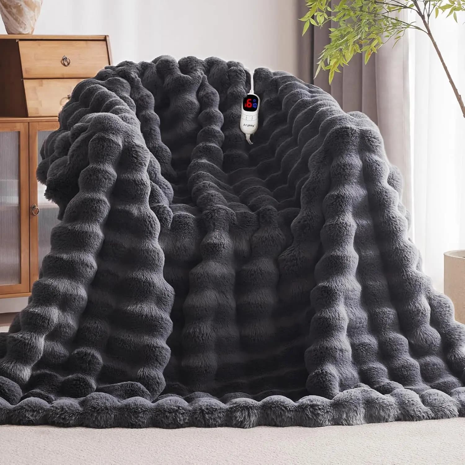 Coperta riscaldata elettrica con timer di spegnimento automatico, 10 livelli di calore, protezione da surriscaldamento, grigio scuro