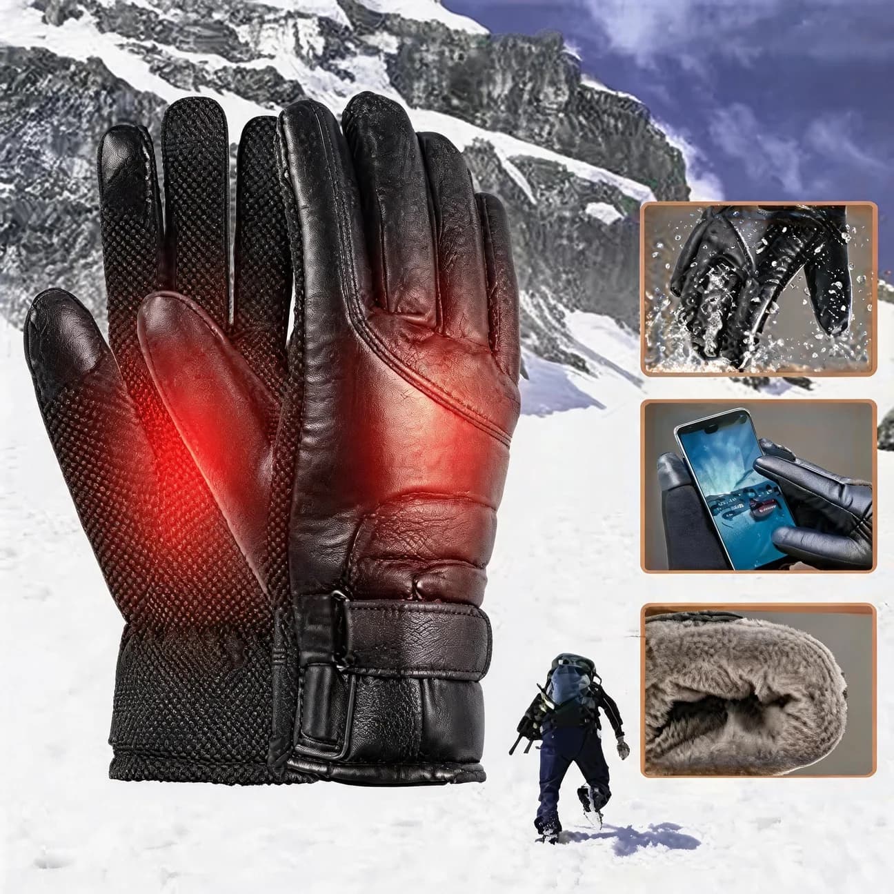 Leather Winter Heating Gloves USB Power Water Proof Hand Warmer for Outdoor Sports Ski Hiking Cycling Motorcycle Fishing