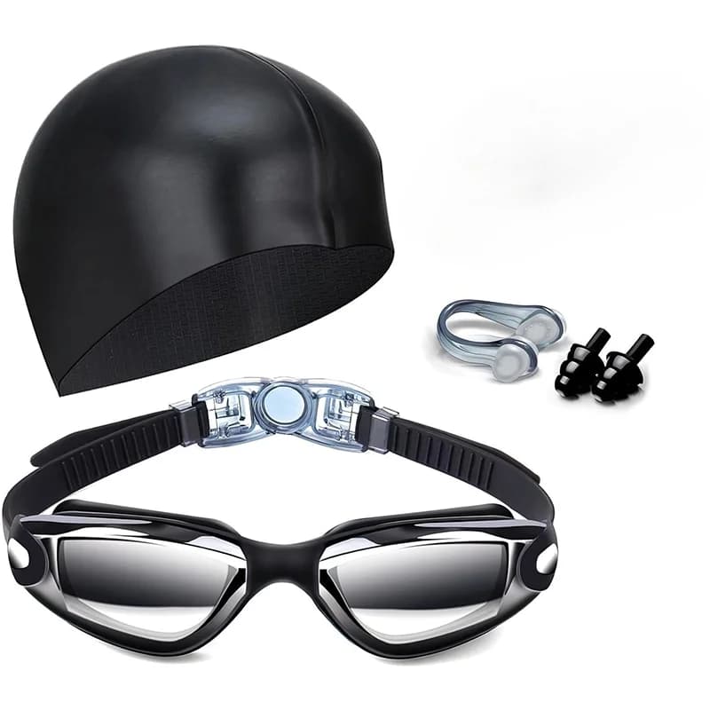 Waterproof, anti-fog and anti-UV, along with a swim cap, a nose clip and ear plugs, make up a three-piece swim set.