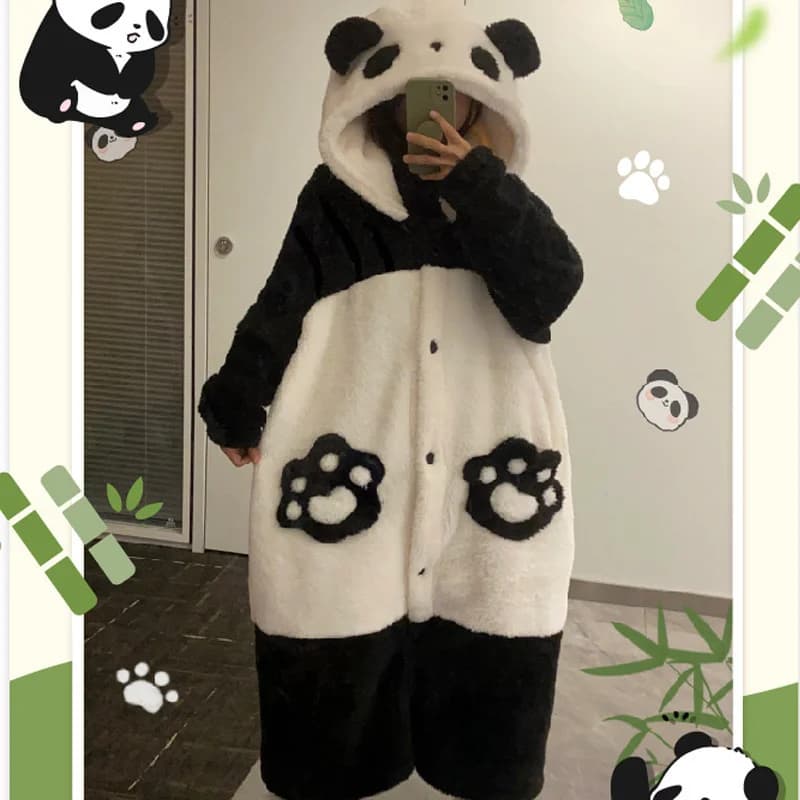 Pigiama invernale panda cartone animato lungo caldo accappatoio in pile corallo carino divertente set da indossare per la casa per donna uomo regali di Natale di Halloween