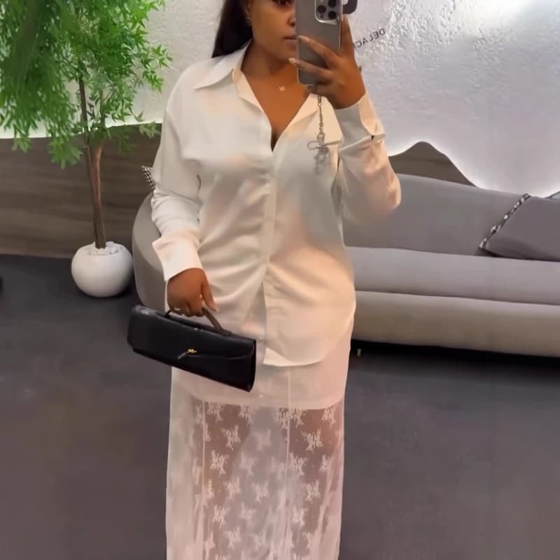 Completo due pezzi da donna: camicia a maniche lunghe e gonna lunga in pizzo a rete, senza schienale, a vita alta, stile Y2K, elegante, per il lavoro o lo streetwear