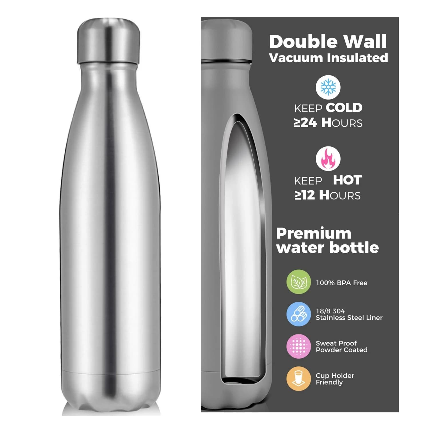 Bottiglia termica per acqua in acciaio inossidabile a doppia parete per sport all'aria aperta Bottiglia d'acqua isolata in acciaio inossidabile da 500/750/1000 ml a prova di perdite