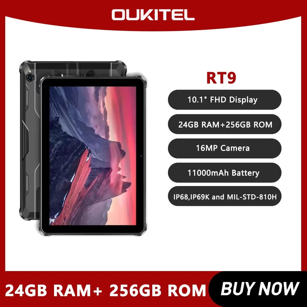 Tablet robusto 4G Display HD da 10,1 pollici RT9 24 GB RAM 256 GB Tablet impermeabile Batteria da 11000 mAh Android 14.0 Oukitel Tablet PC