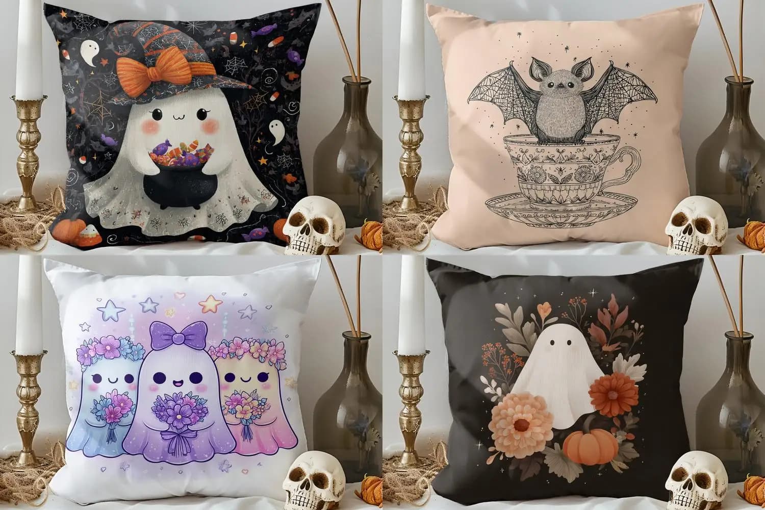 Decorazioni per la casa Fantasma carino con caramelle Fodera per cuscino con motivo Halloween Fodera per cuscino adatta per divano, camera da letto, auto