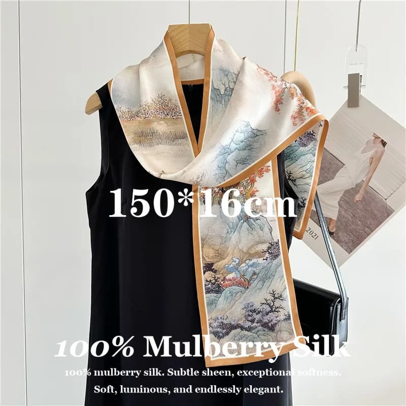 Foulard Multifunzione a Doppio Strato in Seta, Sciarpa per il Collo 100% Seta Vera, Nastro Versatile per Borsa, Hijab Sottile e Lungo, Fascia per Capelli
