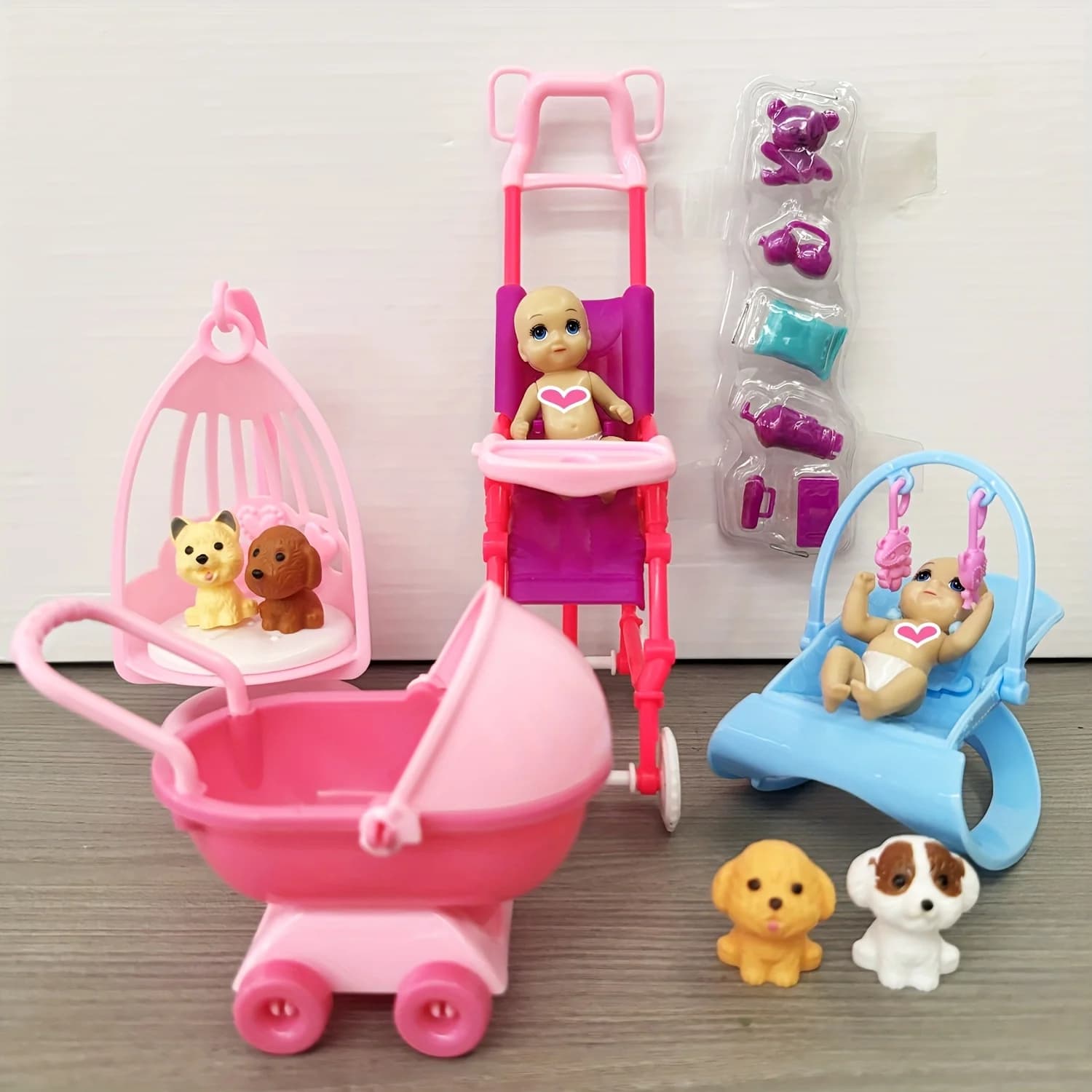 Carrello per bambole Playhouse Accessori per sedie a dondolo Set per animali domestici Set di mini giocattoli carino Accessori per casa delle bambole
