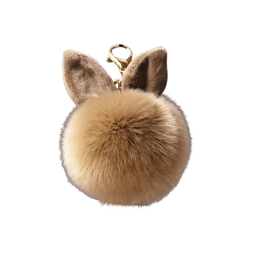 Pom Pom Key Ring Rabbit Ear Keychain Khaki Approx 10-12Cm Size Bag Charm Pendant Women Girls Key Chain Pendant