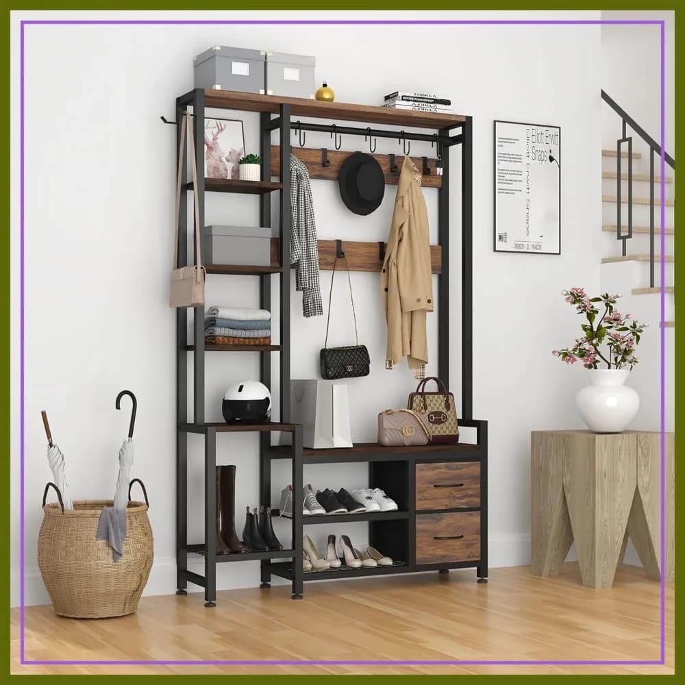 Appendiabiti da ingresso da 43 pollici con panca, contenitore per scarpe, scaffali a 5 livelli, appendiabiti, 2 cassetti, organizer da ingresso marrone rustico