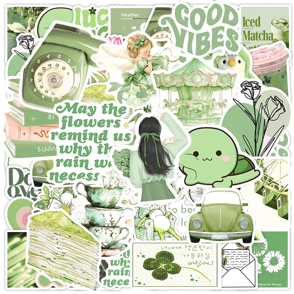 10/30/50pcs Verde Vintage Del Fumetto Estetica Adesivi Kawaii Ragazze Decalcomania FAI DA TE Scrapbooking Notebook Laptop Adesivo Impermeabile Regalo