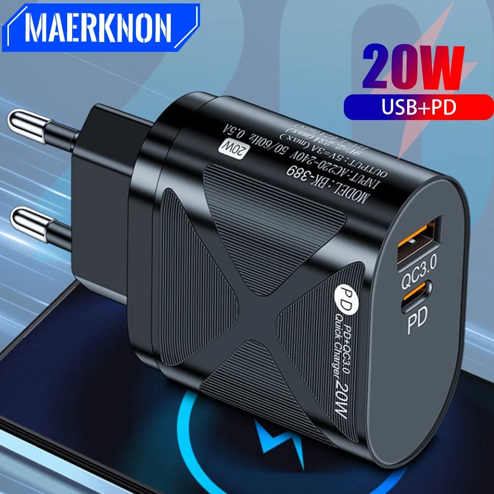 Caricabatterie rapido USB PD da 20W con spina EU/US/UK, adattatore di alimentazione per cellulare, caricatore da parete per iPhone 15 14 Pro Max Samsung Xiaomi