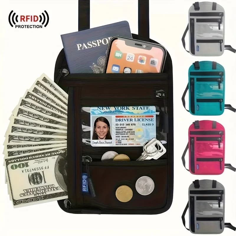 Portafoglio da Viaggio con Protezione RFID e Cinturino Regolabile, Porta Passaporto in Nylon Resistente, Scomparti Sicuri con Cerniera per Contanti, Carte e Documenti
