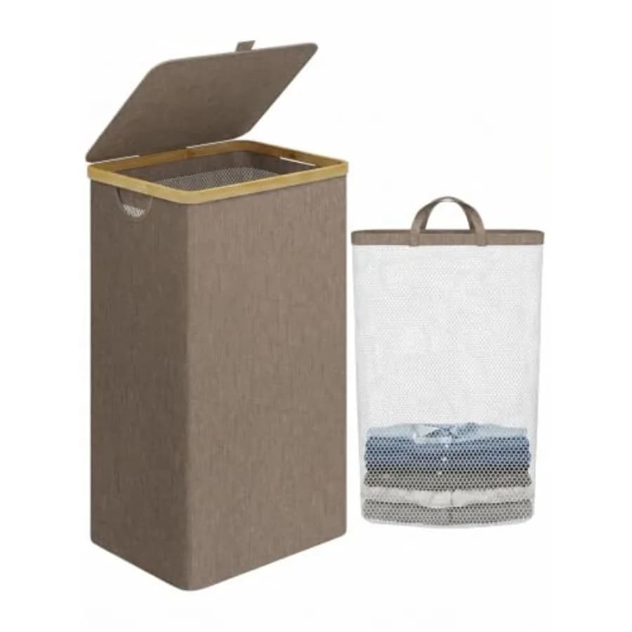 Laundry Hamper with Lid, Laundry Basket with Mesh Bags, Dirty Clothes Hamper Basket with Bamboo Handle for Clothes Towels