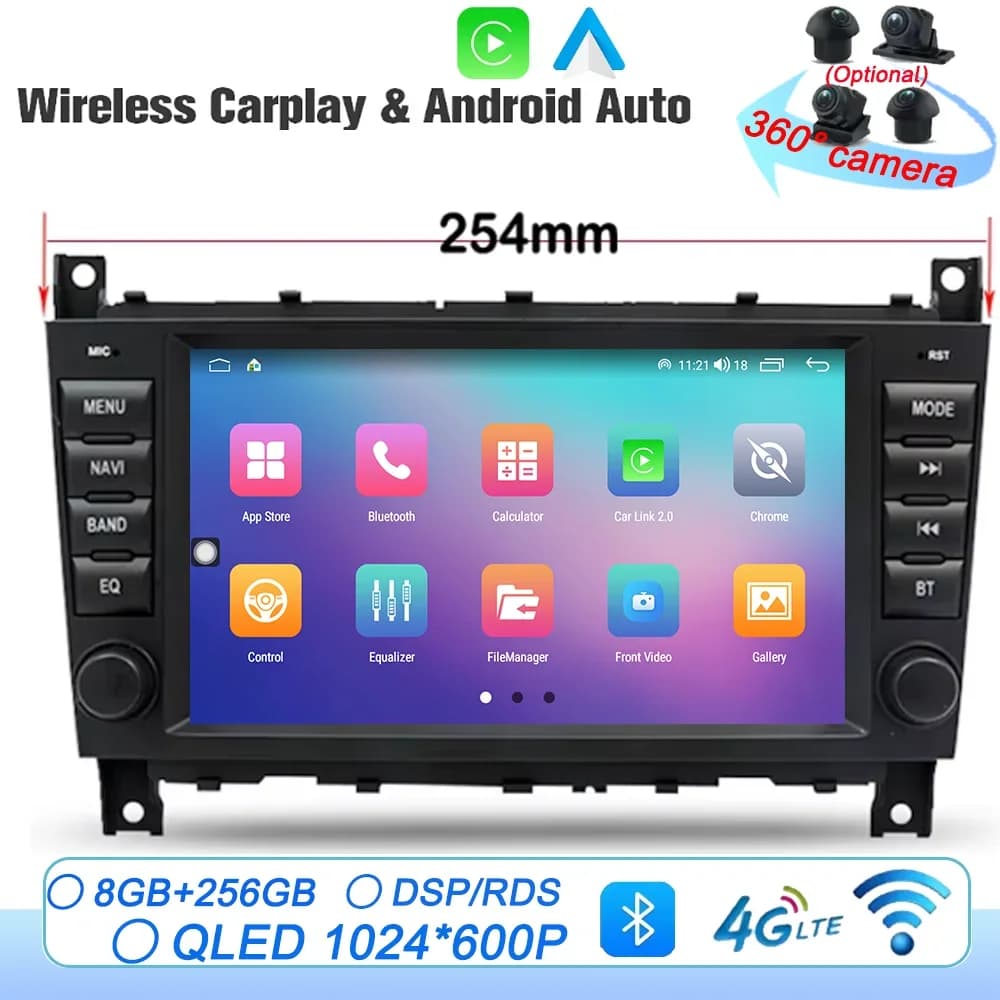 Carplay Auto Android 14.0 per Benz CLK W203 W209 2005-2012, Lettore DVD per Auto con Schermo IPS da 254mm, GPS, Mappa, WIFI, BT, RDS, Radio, Lettore Multimediale