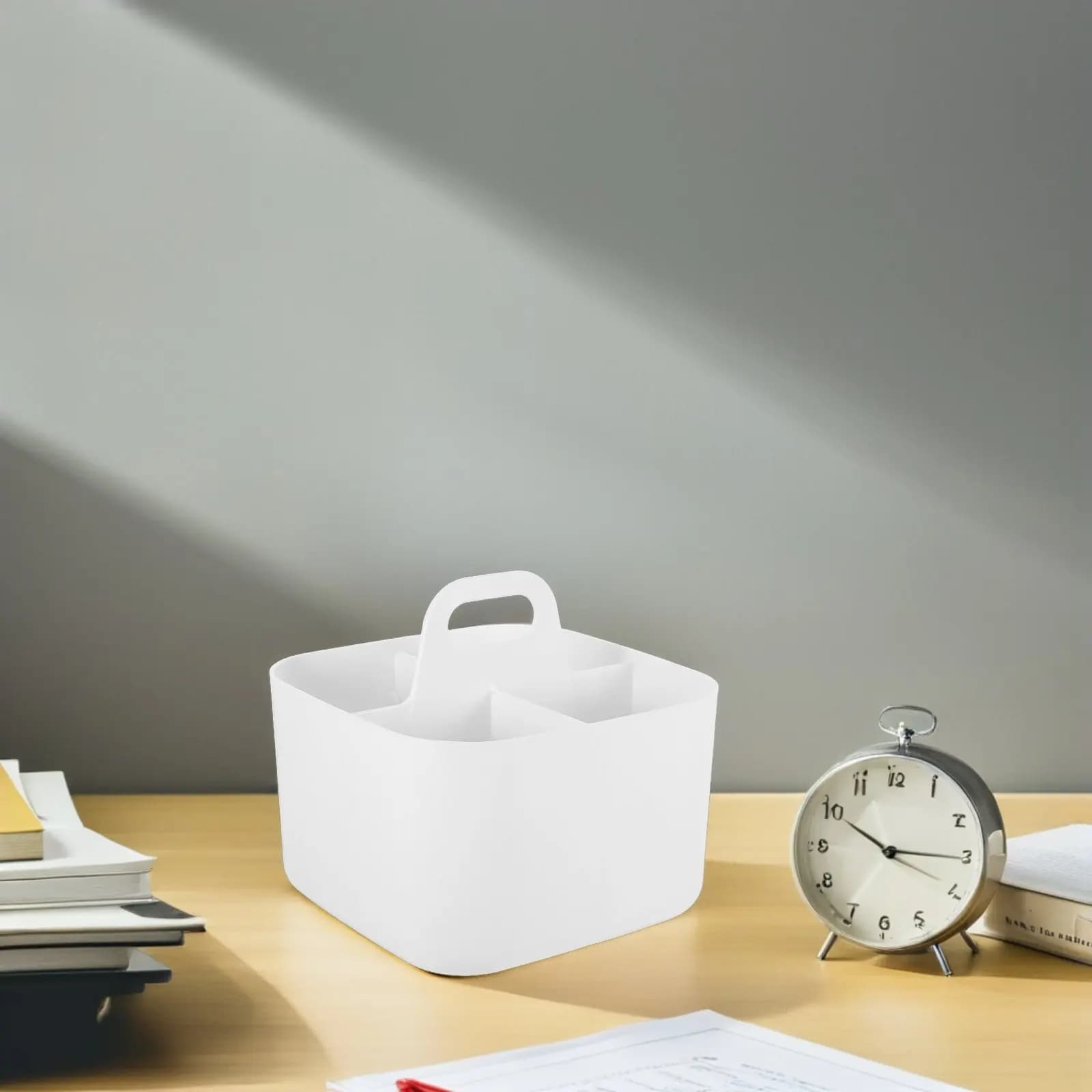 Scatola portaoggetti a 4 scomparti con maniglia, design liscio, organizer riutilizzabile per cancelleria, strumenti artistici, trucchi, utensili da cucina, uso su scrivania