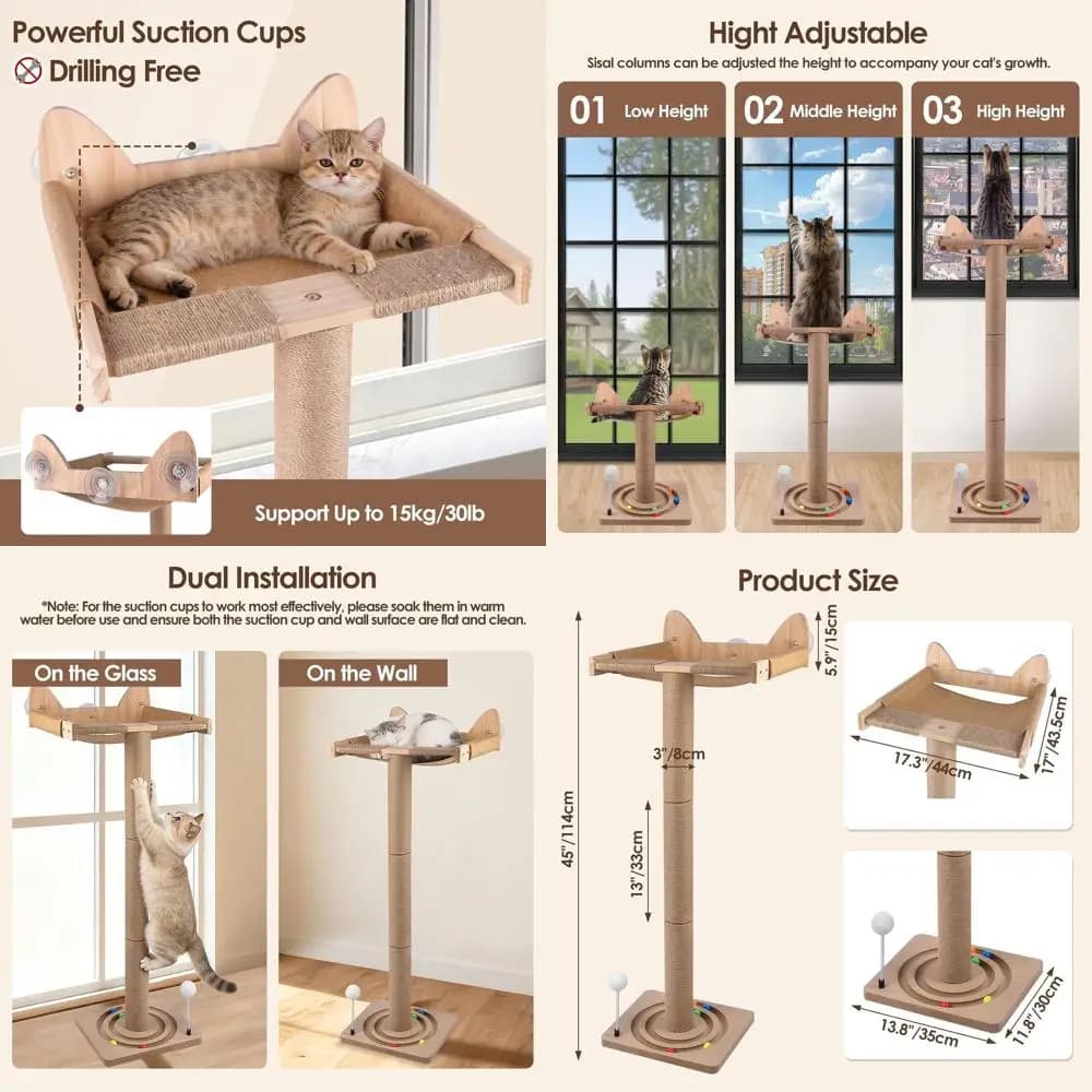 Albero per Gatti Regolabile a 45 Gradi con Pali in Sisal, Amaca da Finestra e Letto a Ventosa per Gioco Indoor e Osservazione degli Uccelli