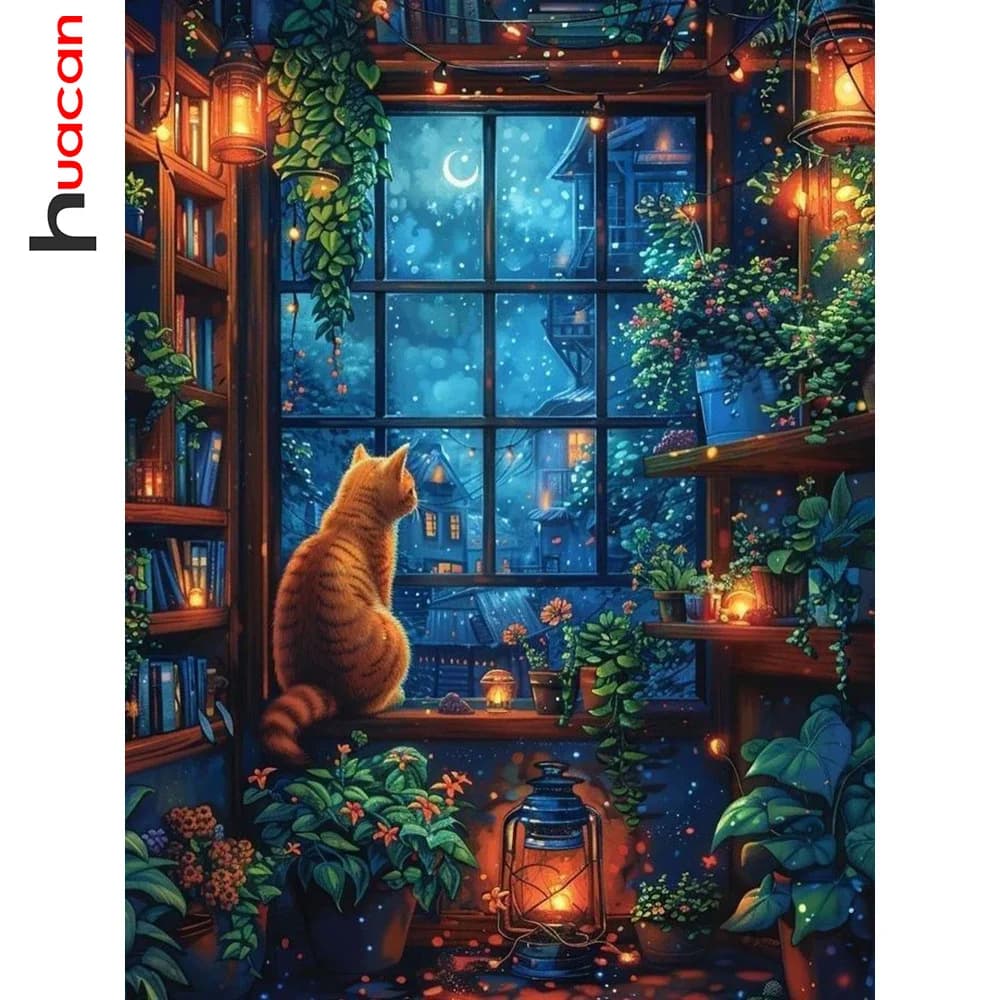 Huacan pittura diamante fai da te animale gatto strass diamante pieno mosaico paesaggio finestra decorazioni per la casa hobby fatto a mano