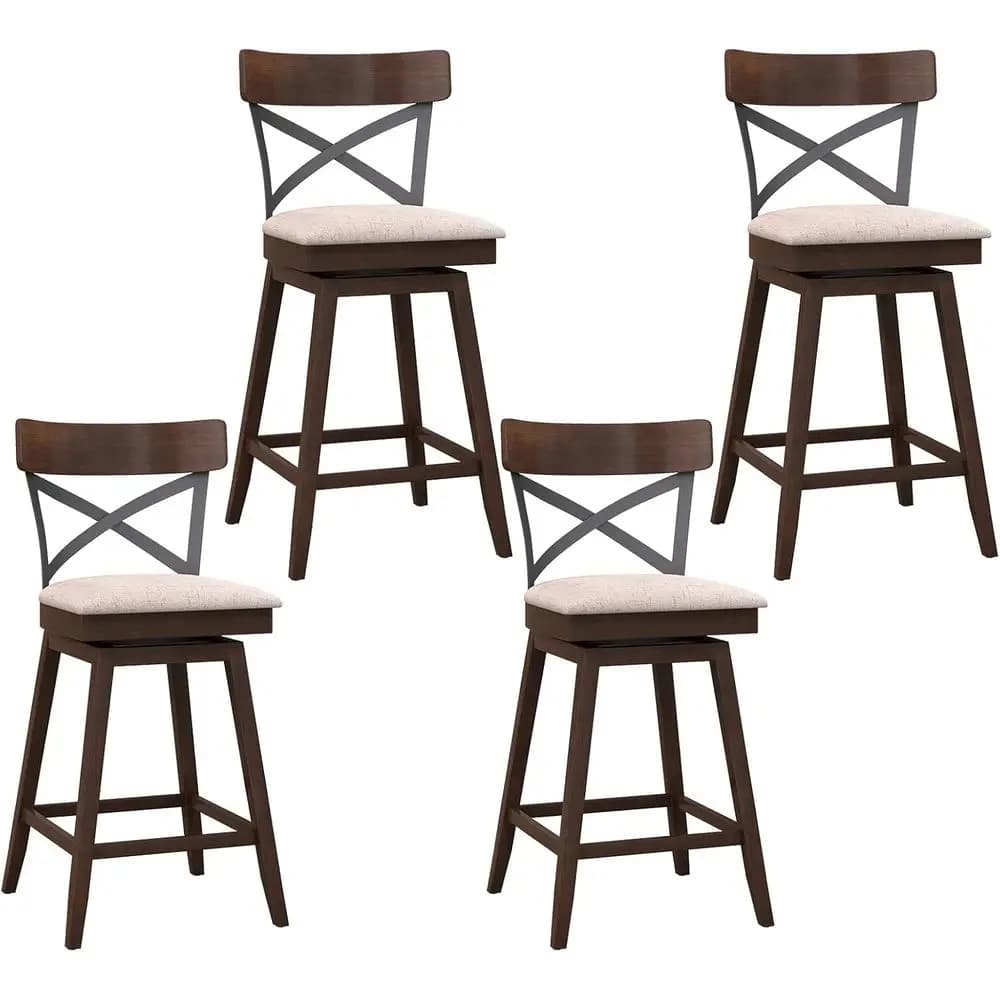 Set of 4, 25 Swivel Ergonomic Counter Height Chairs with Cushioned Seats, Open X Back & Footrest, Wooden Barstools for Kitchen I