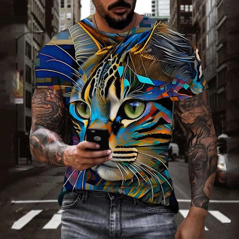 Fashion Cat Graphics T Shirts Summer Trend Short Sleeve Cool 3D Animals Printed Mens T-shirts Casual Streetwear Hip Hop Tees