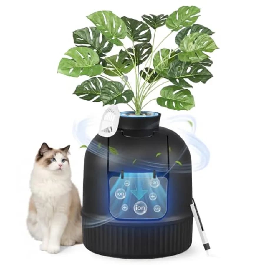 Plant Cat Litter Box Enclosure with Artificial Plant, Enclosed Hidden Litter Box Furniture with Door, Carbon Filter, Odor Contr