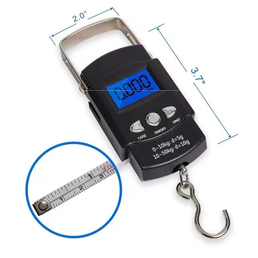 Bilancia portatile con regola Display LCD digitale 50 kg Bagagli elettronici Appesi Valigia da viaggio Pesa Strumenti per l'equilibrio del peso dei bagagli