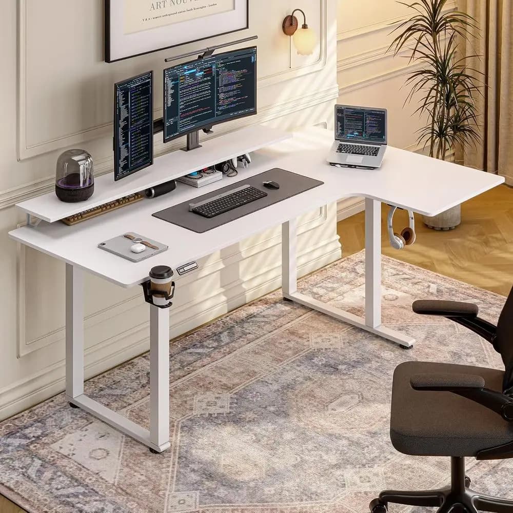 L-Electric Desk, 63x43'', Double Engine, 2 Monitor Supports, Adjustable Height 28-46', White