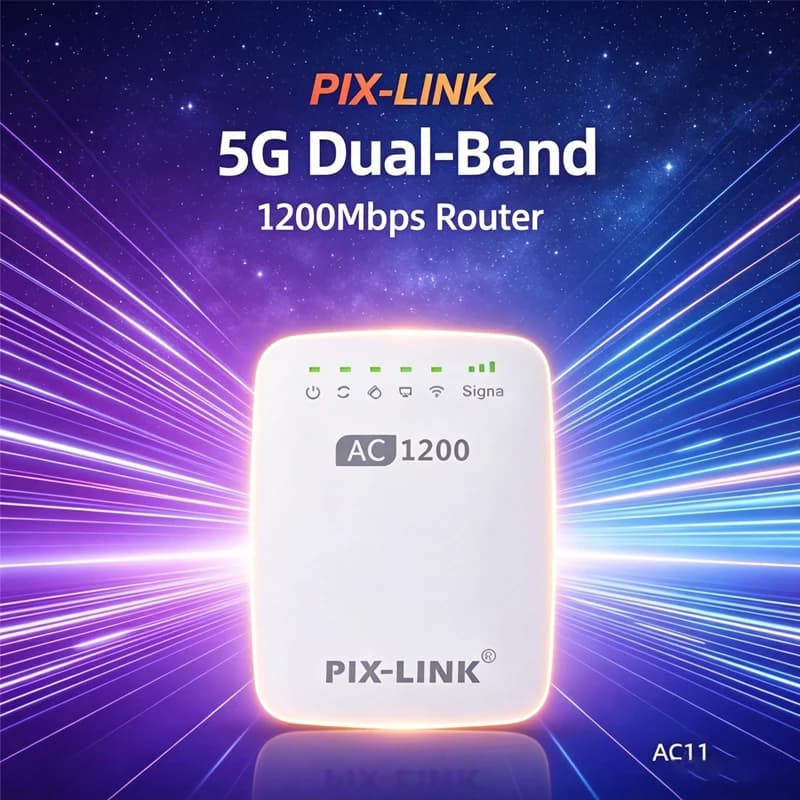 Router WiFi Dual Band PIX-LINK AC1200 1200Mbps 5GHz/2.4GHz con 4 Antenne, Router/Ripetitore/AP 3 in 1, Facile Configurazione per Casa
