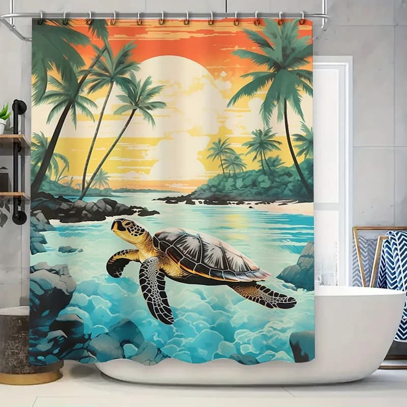 Tenda da doccia da bagno con tartaruga di palma esotica per la decorazione domestica Decorazione per porta sospesa in tessuto impermeabile stampato stile spiaggia