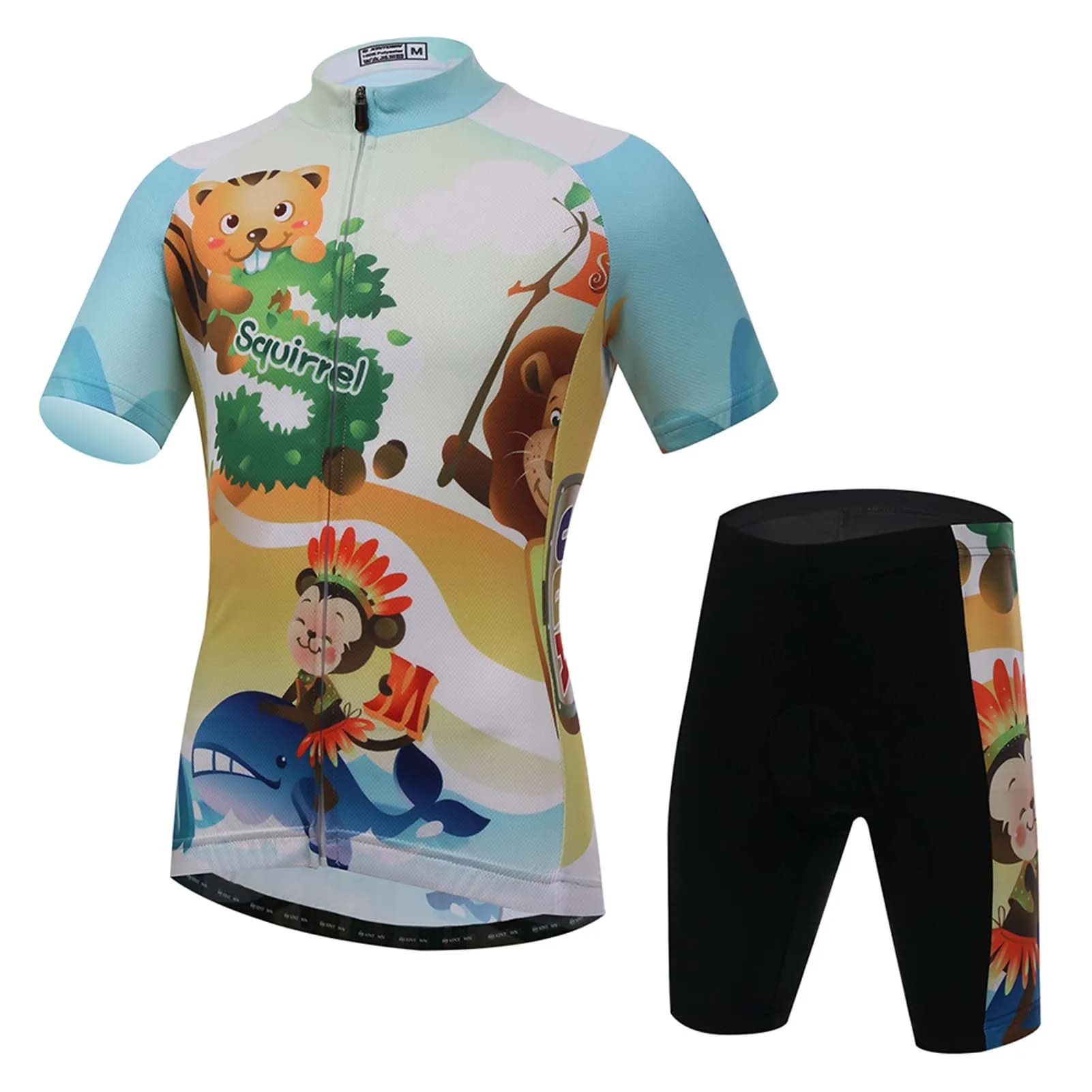 Men's Cycling Knit Set, Short Sleeved Top Printed With Animals Cartoon Shorts with 3D Silicone Cushion Children's Bike Clothing MTB