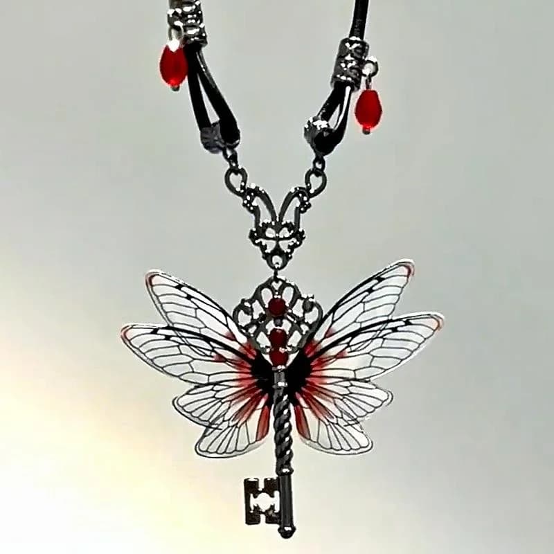 Y2K Dragonfly Key Red Zircon Necklace Pendant Wings Retro Punk Leather Hip Hop Choker Trendy Women's Jewelry Gifts