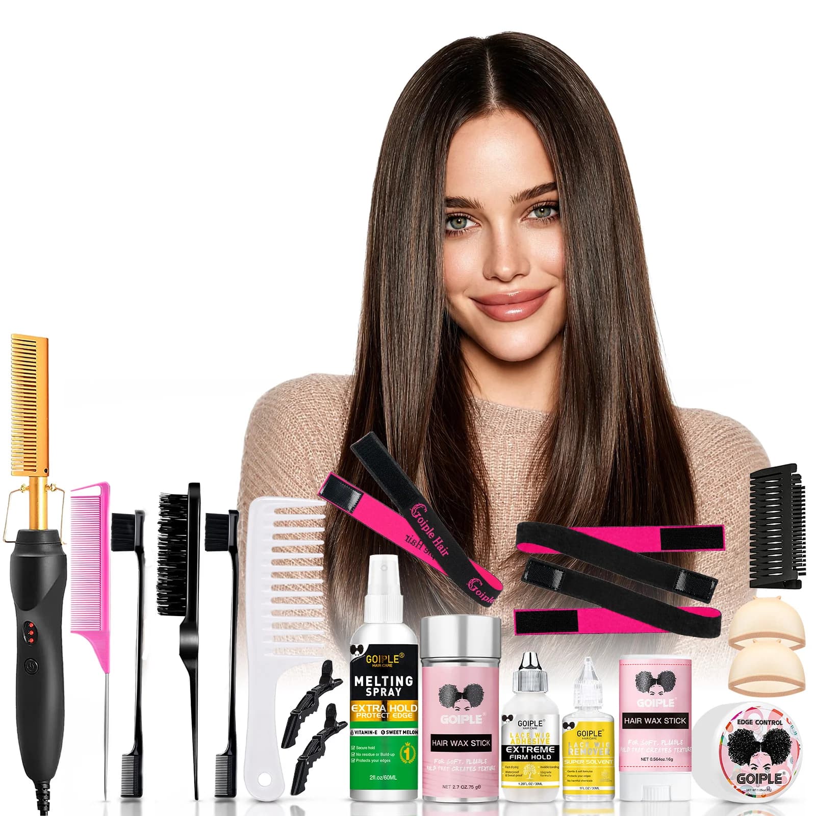 GOIPLE Electric Hot Comb Set, 3 Heat Settings Negative Ion Straightening Comb with Edge Styling and Lace Wig Accessories