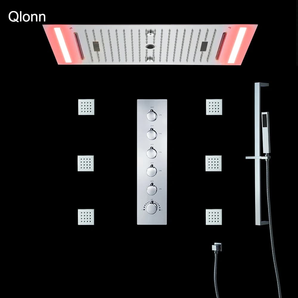 Qlonn 638×338mm Musica Soffione doccia a LED Rubinetto per bagno a pioggia 5 funzioni Sistema doccia Set Termostato Deviatore Miscelatore a scomparsa