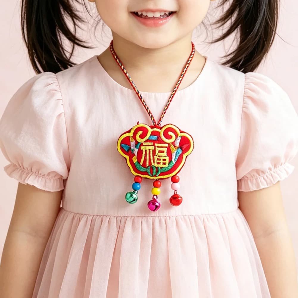 1pcs Chinese Embroidery Fu Charm Necklace 54cm Red Ruyi Lock Pendant with Colorful Bells for Kids New Year Lucky Jewelry Gift