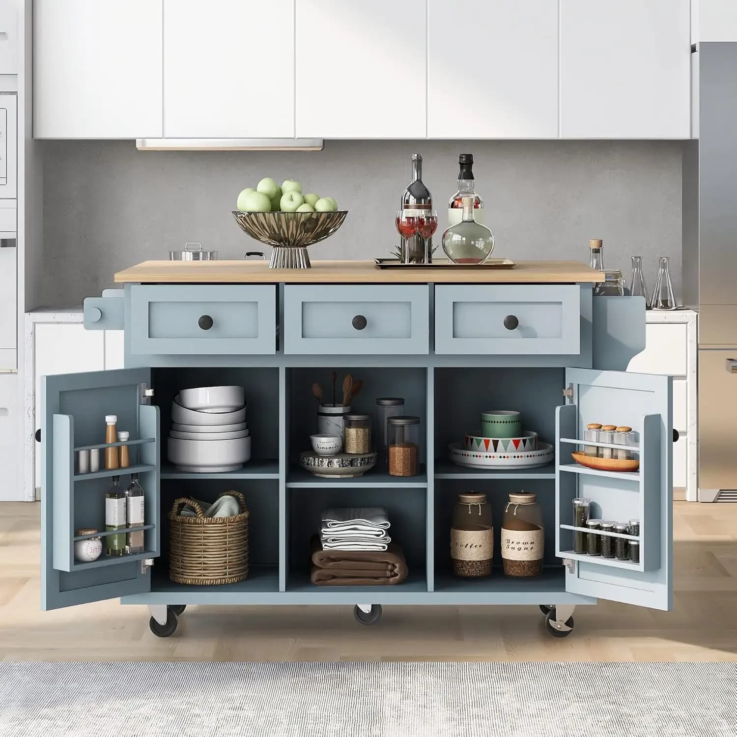 Carrello da Cucina con Ruote da 135 cm, Piano in Legno di Gomma con Ante a Ribalta, 3 Cassetti, Porta Asciugamani, Porta Spezie, Grigio Blu, Personalizzabile