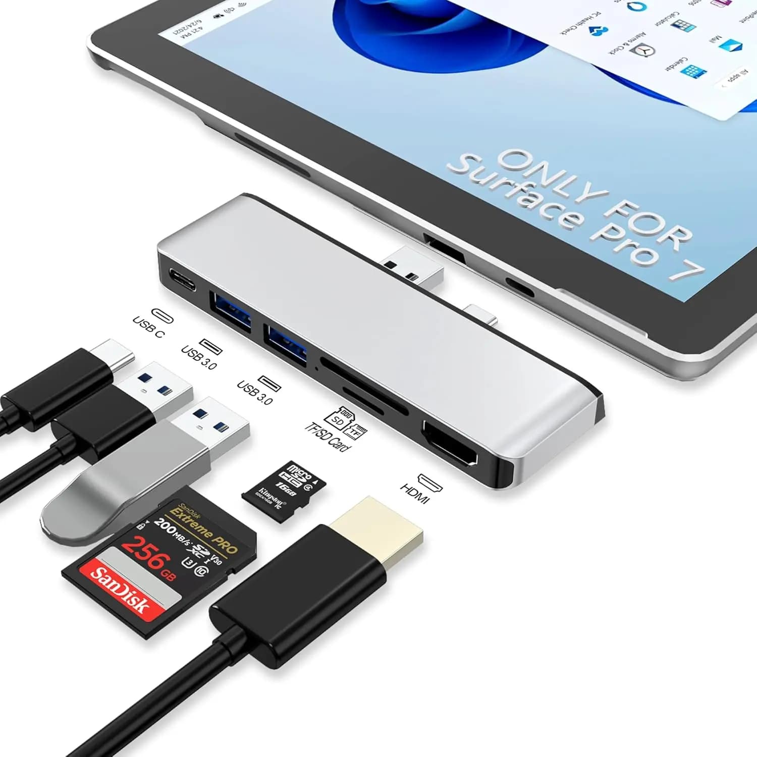 Docking Station per Surface Pro 7 con HDMI 4K, USB-C, 2 Porte USB 3.0 e Slot per Schede SD/TF - Adattatore Hub Multi-Porta