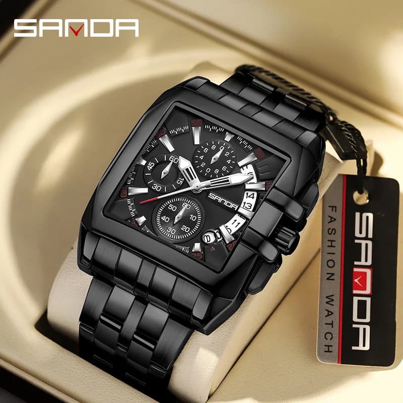 Nuovo orologio al quarzo quadrato SANDA con tre quadranti e sei lancette, cinturino in acciaio, calendario e design alla moda per uomo.