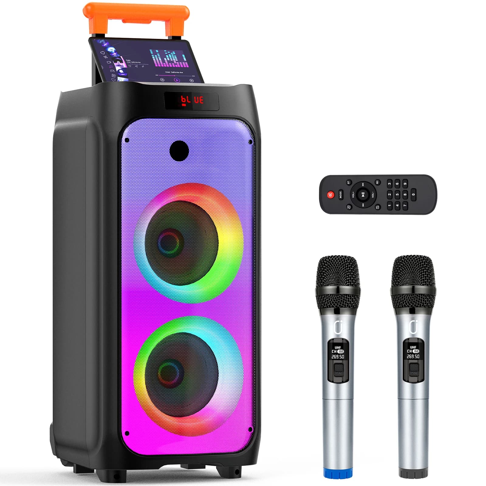 FanFun Macchina per Karaoke per Adulti, Grande Altoparlante per Feste con Potenza di Picco di 500W, Sistema PA Wireless con Doppi Subwoofer da 8 Pollici, Luci da Discoteca