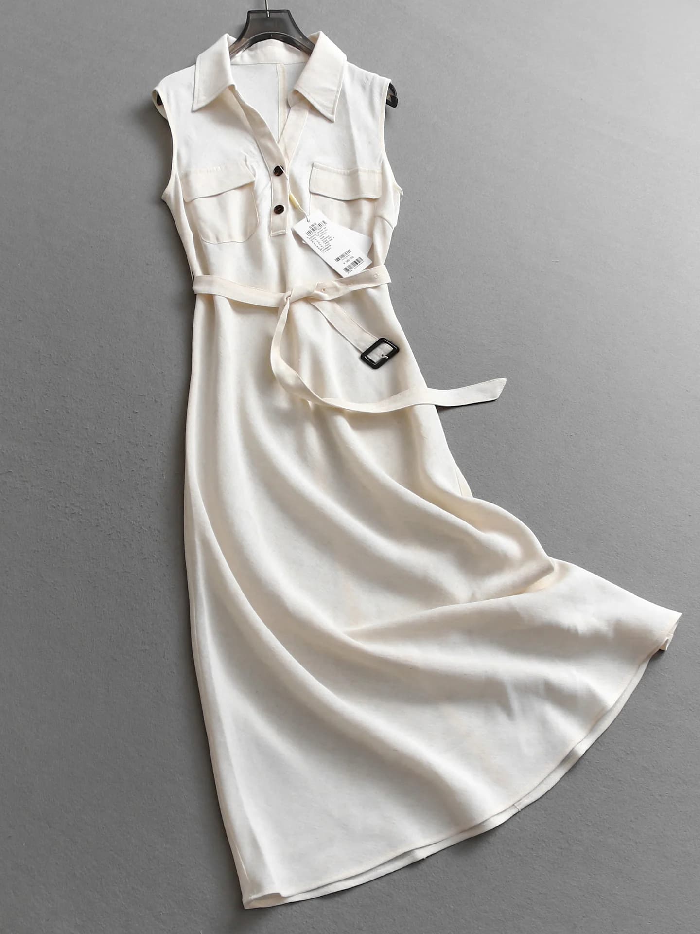 Abito Estivo Elegante da Donna in Lino Tinta Unita con Collo Alto, Leggero e Traspirante, con Cintura Staccabile