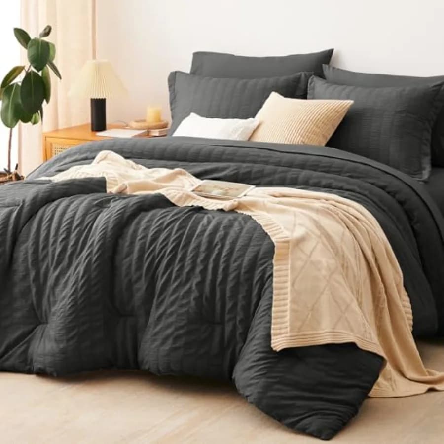 Set Copripiumino Seersucker 7 Pezzi, Set Letto Completo con Lenzuola, Grigio, Set Biancheria da Letto di Lusso Morbido con Imbottitura Alternativa alla Piuma