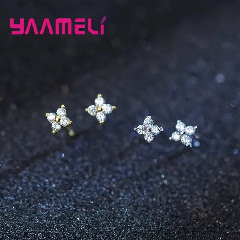 100% Real 925 Sterling Silver Color Clover Stud Earrings Bright Zircon Earrings For Women Girl Fashion Trendy Jewelry