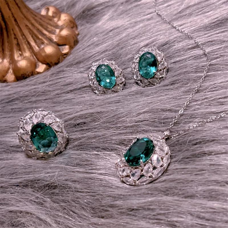 Creative Retro Paraiba Green Gem Jewelry Sets Light Luxury High Grade inlay Diamonds Round Earrings Necklace rings for women