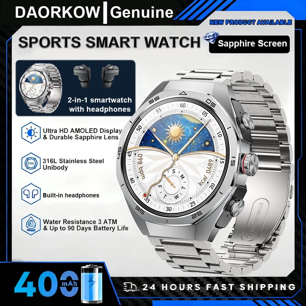 Nuovo Smartwatch DAORKOW 2 in 1 con Auricolari, Orologio Intelligente con Cuffie Bluetooth TWS, Monitoraggio Frequenza Cardiaca e Ossigeno nel Sangue, Orologio Sportivo