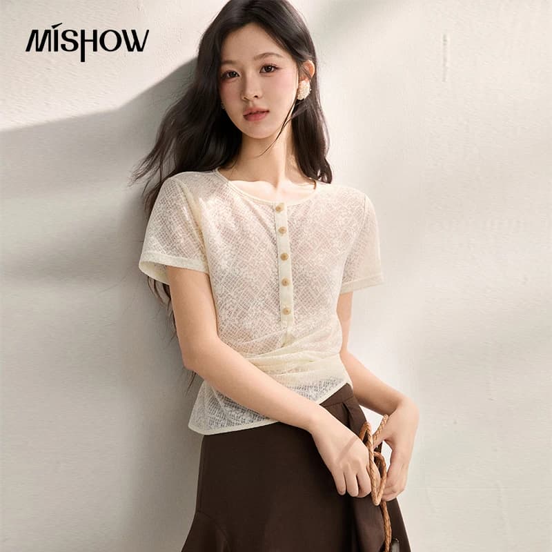 MISHOW T-shirt da donna in pizzo con bottoni frontali, vita arricciata, laccio posteriore, doppio orlo, manica corta, top casual estivo alla francese MXF22Z3074