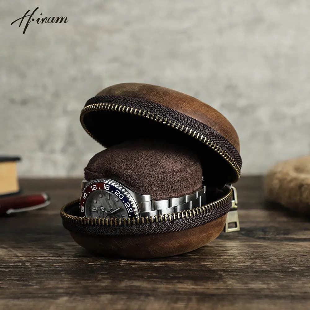 Custodia da viaggio e espositore da viaggio a forma di ciambella a fessura singola in vera pelle fatta a mano Vintage 100% con cuscino rimovibile