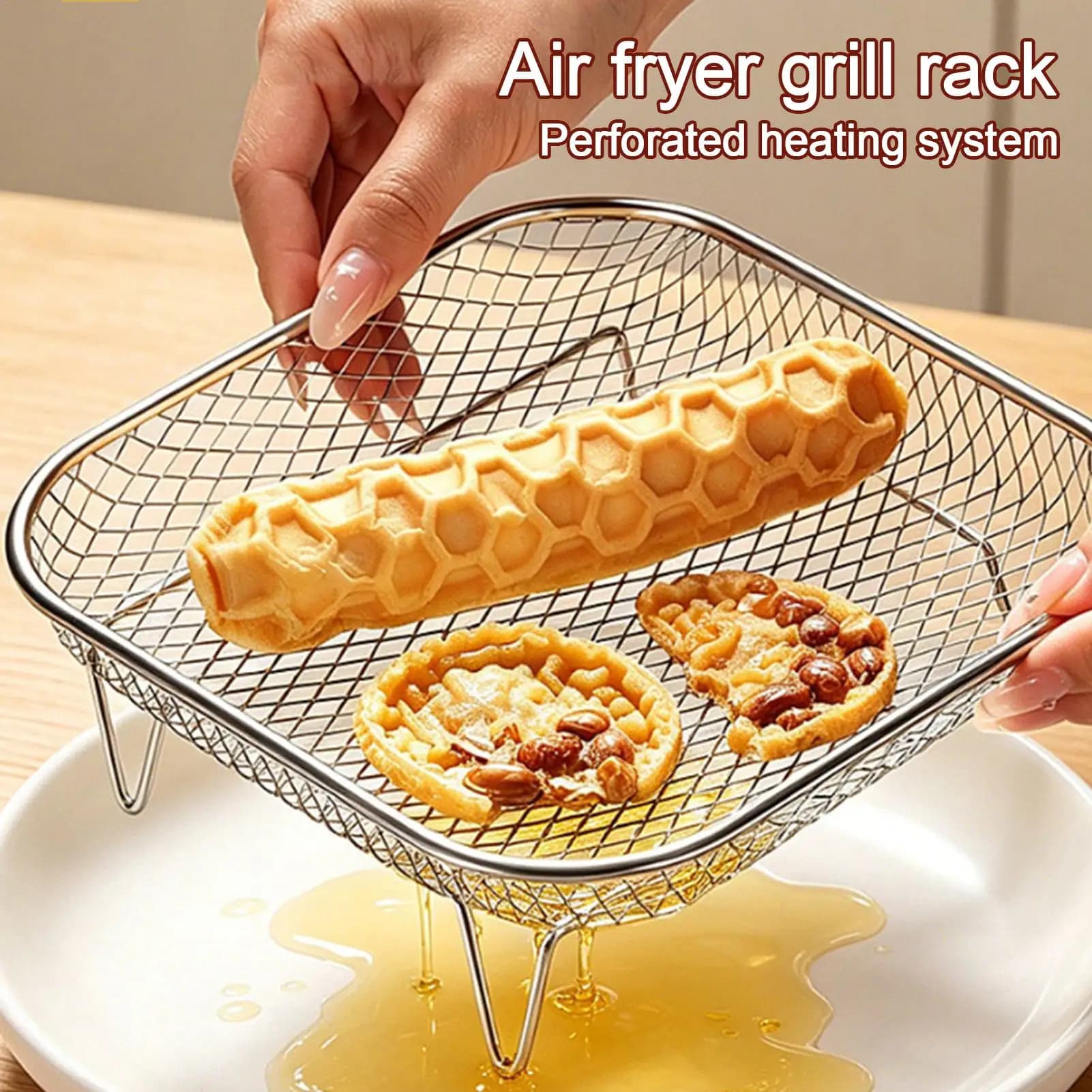 Stackable Air Fryer Grill Rack Stainless Steel BBQ Square Grill Basket Non-Stick For Oven Microwave Steamer Home Kitchen